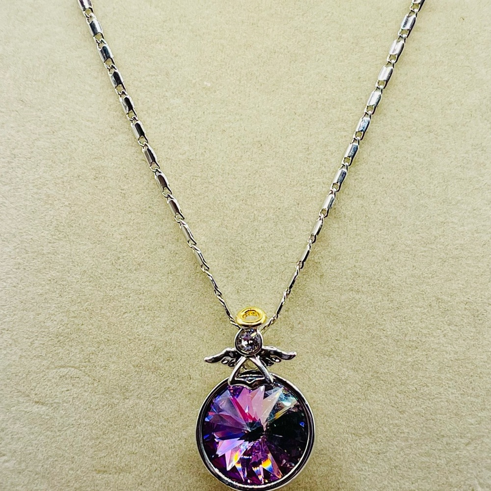 Silver and Purple Rivoli Crystal Pendant Necklace with Silver Angel on top